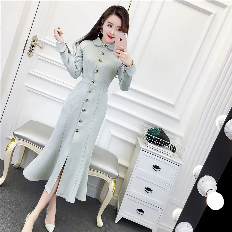 Printemps Était Black Peau De Femmes Tempérament Tranchée Boutique Daim Manteau breasted khaki Greenish Green Odfvebx dark Single apricot pink vent Coupe Mince Longue Nouvelles red Slim Revers pwzq6d