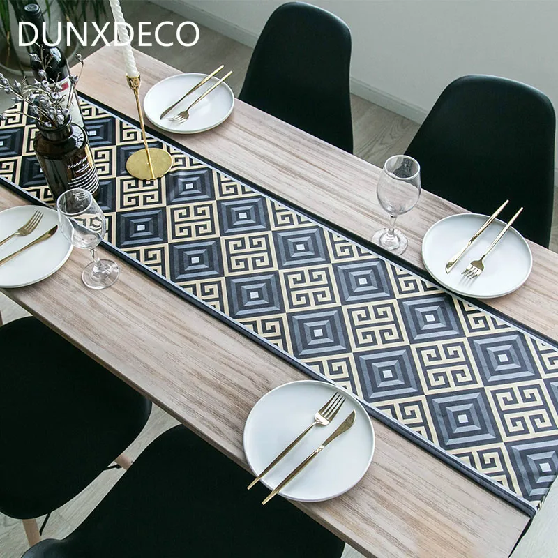 

DUNXDECO Table Runner Party Desk Decor Chinese Style Vintage Simple Geometric Soft Velvet Fabric Store Dinner Room Decoration