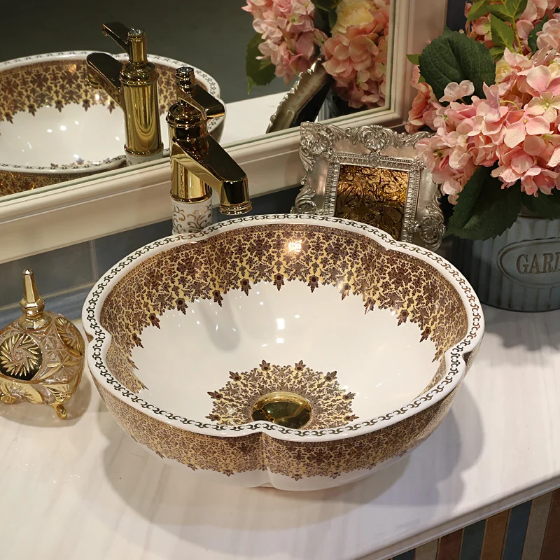Handmade Europe Style Counter Top porcelain wash basin bathroom sinks ceramic vessel bowl sink flower  (2)