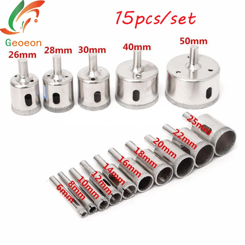

Geoeon 15pcs/set 6mm-50mm Diamond Coated Core Hole Saw Drill Bits set Cutter For Tiles Marble Glass Granite drill bit tools A64