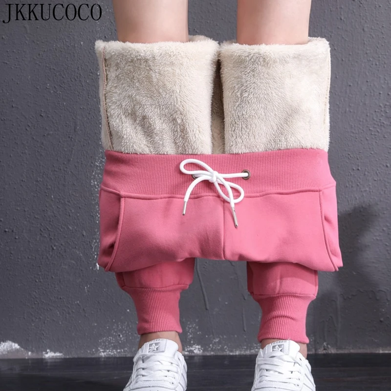 

JKKUCOCO Cashmere inside Thick Warm Winter trousers Solid Sports full length Harem Pants High Waist Loose Drawstring Women Pants
