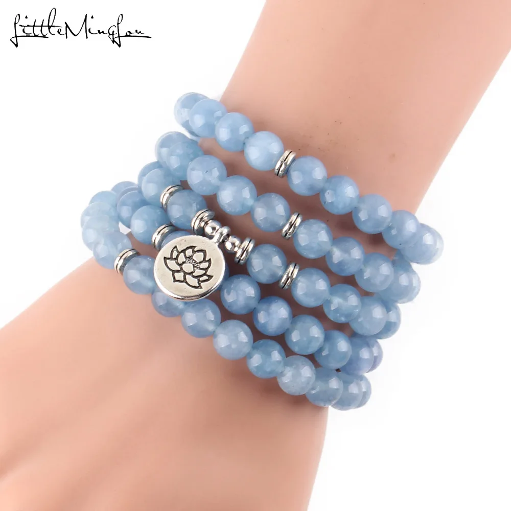 

Little Minglou Luxurious Blue Natural Stone 108 Mala Lotus Bracelet Or Necklace Reiki Charged Buddhist Rosary Bracelet