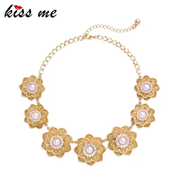 

KISS ME Gold Color Simulated Pearl Flowers Necklace 2017 New Maxi Necklace Handmade Accessories for Women