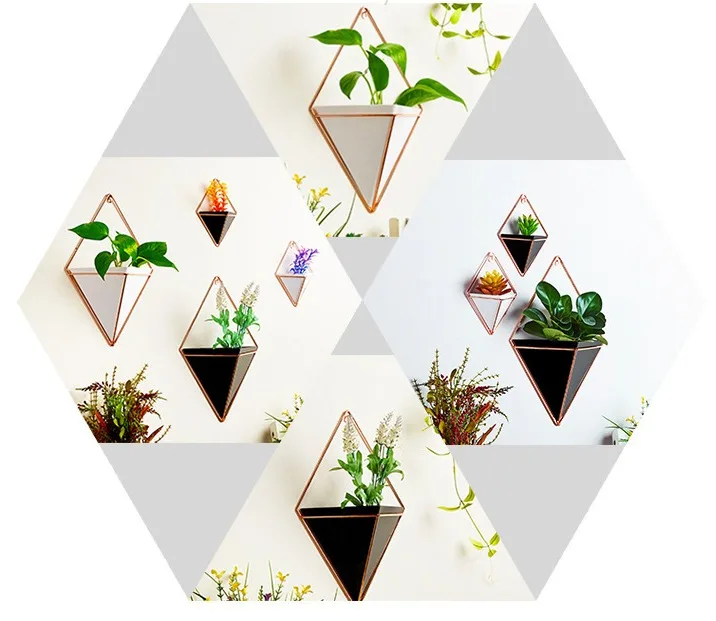 Acrylic flower Pot+ Iron Plant Holders Set Indoor Hanging Planter Geometric Vase Wall Decor Container Succulents Plant Pots