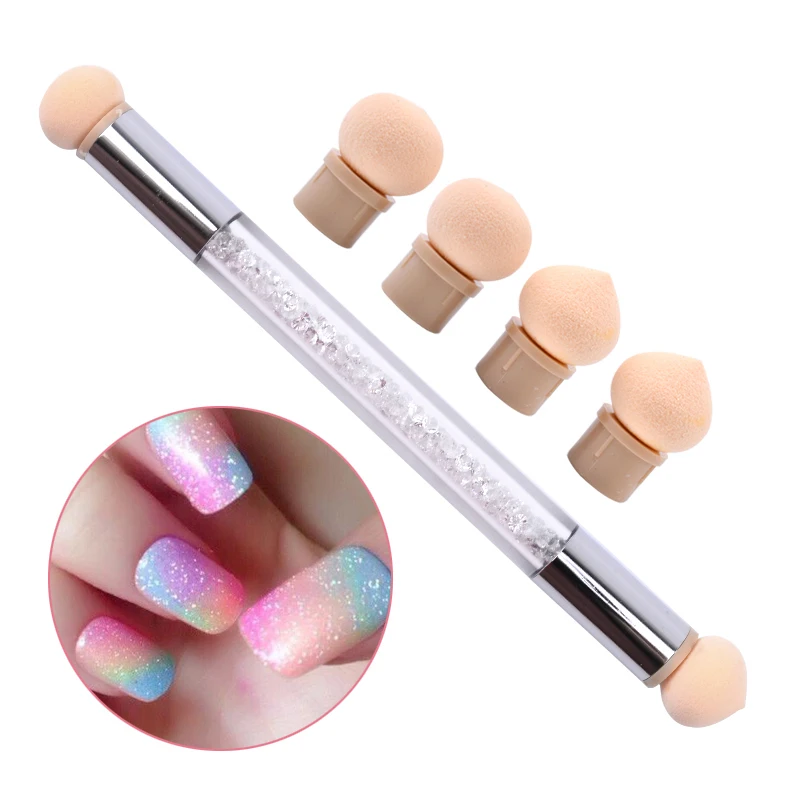 

4 Replace Sponge Head Double End Nail Art Gradient Brush Pen Draw Painting Dotting Tips Rhinestone Handle Manicure Tool Set