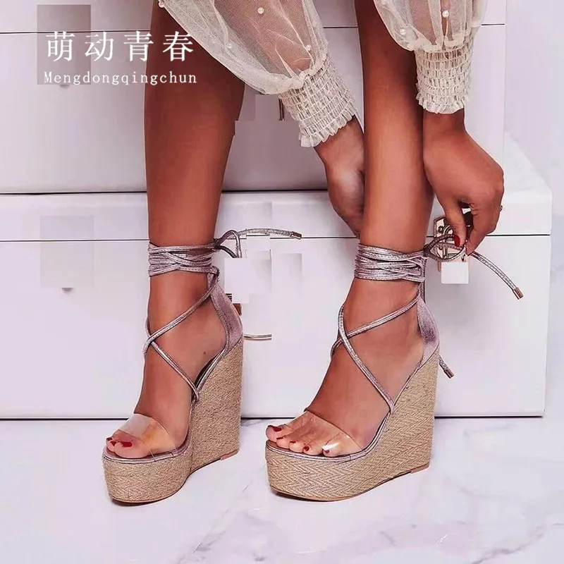 

Women High Heels Sandals PVC Transparents Open Toe Weave Wedges Platform Sandals Women Ladies Ankle Strap Women Pumps Mujer