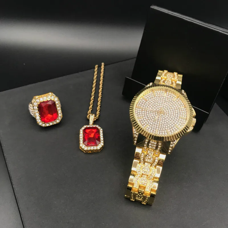 Роскошные мужские часы с бриллиантами, мужские часы в стиле хип-хоп и кольцо с красным Рубином, комбинированный набор, часы с кубинским бриллиантом и ожерелье, ювелирные изделия для мужчин