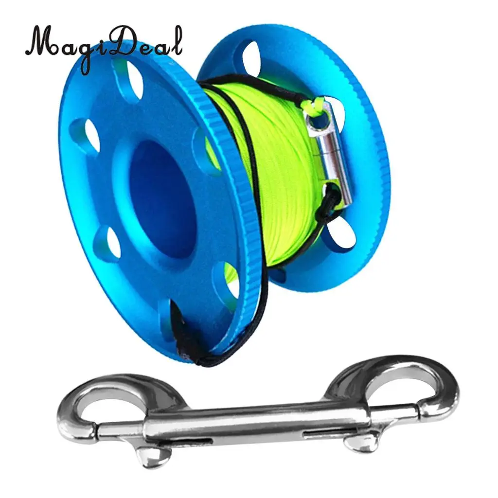 MagiDeal Professional Aluminum Alloy Finger Spool Reel & 30m Line Double End Bolt Snap for Underwater Scuba Diving Applications