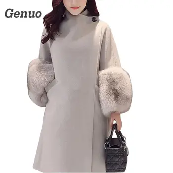 

Faux Fur Sleeve Winter Warm Women Jacket Coat Solid Color Wool Coat Loose Outwear For Female Clothes Woolen Casaco Feminino