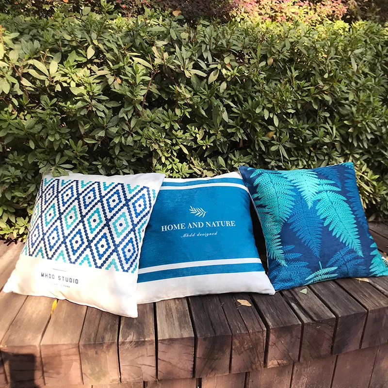 

44x44cm Waterproof fabric blue green cushion cover pillowcase geometric leaves throw pillow cover backrest bay window decor