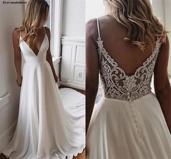 

2019 New Chiffon Country Wedding Dresses V-Neck Appliques Beaded Crystal Buttons Back Beach Bridal Gowns robe mariage
