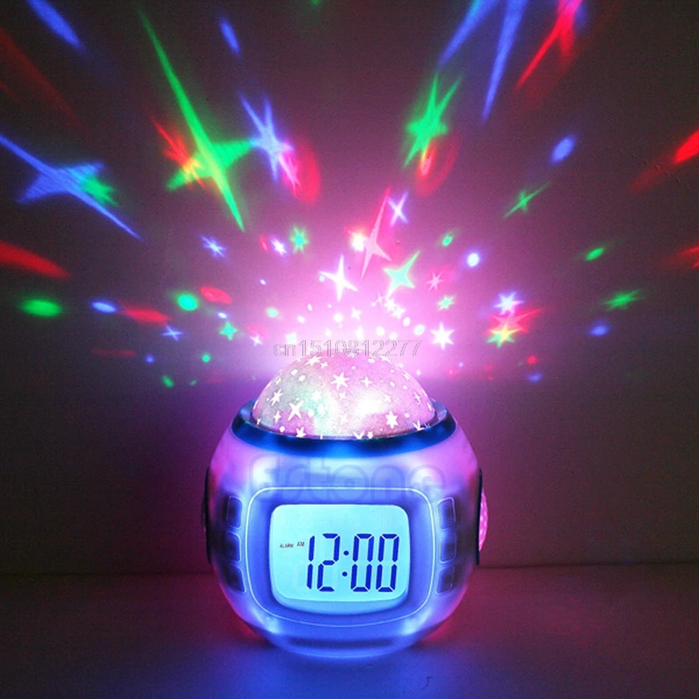 

Music Alarm Clock Children Baby Room Sky Star Night Light Projector Lamp Bedroom Music Alarm Clock D12