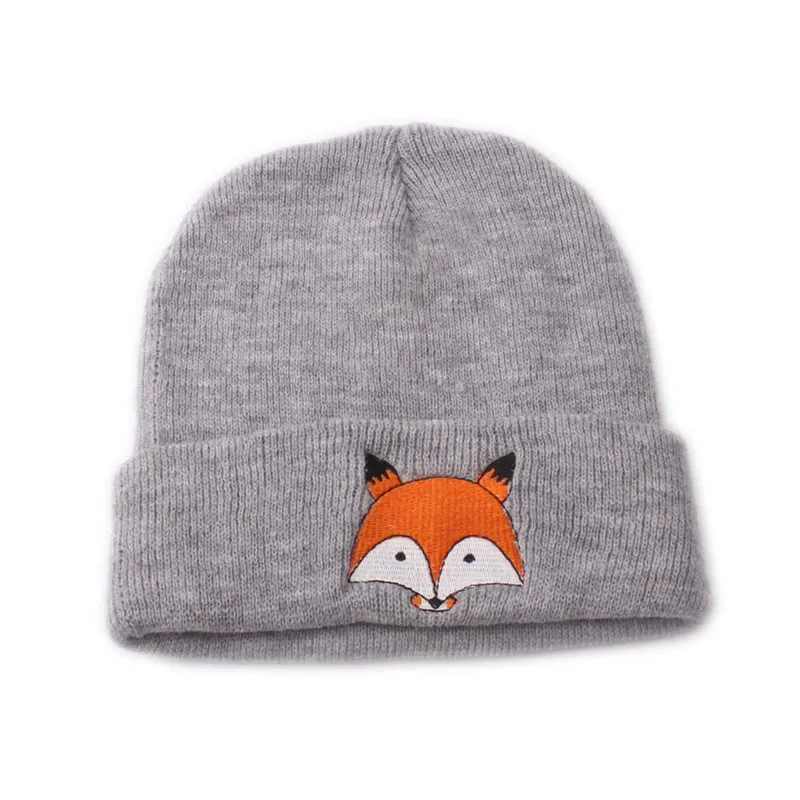 Winter Adult Unisex Knit Cartoon Fox Beanies Cap for Women High Quality Breathable Keep Warm Soft Hats Man Parent child Cap W20 - Цвет: Серый