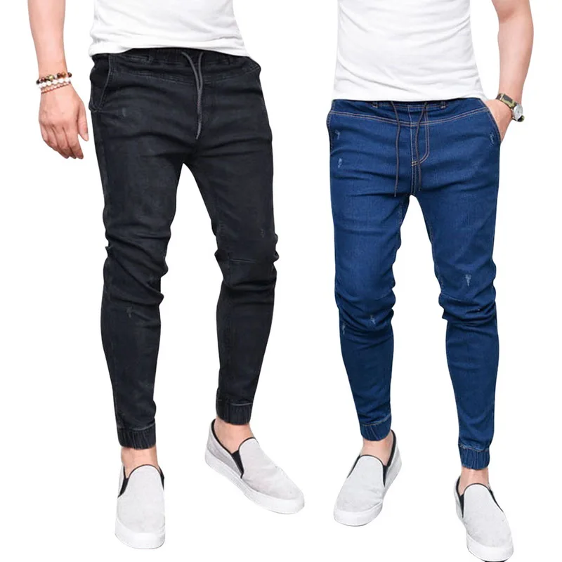 Модные для мужчин's джинсы для женщин Цвет: черный, синий брюки хип хоп Спортивная эластичный пояс мужчин джинсовые штаны 346