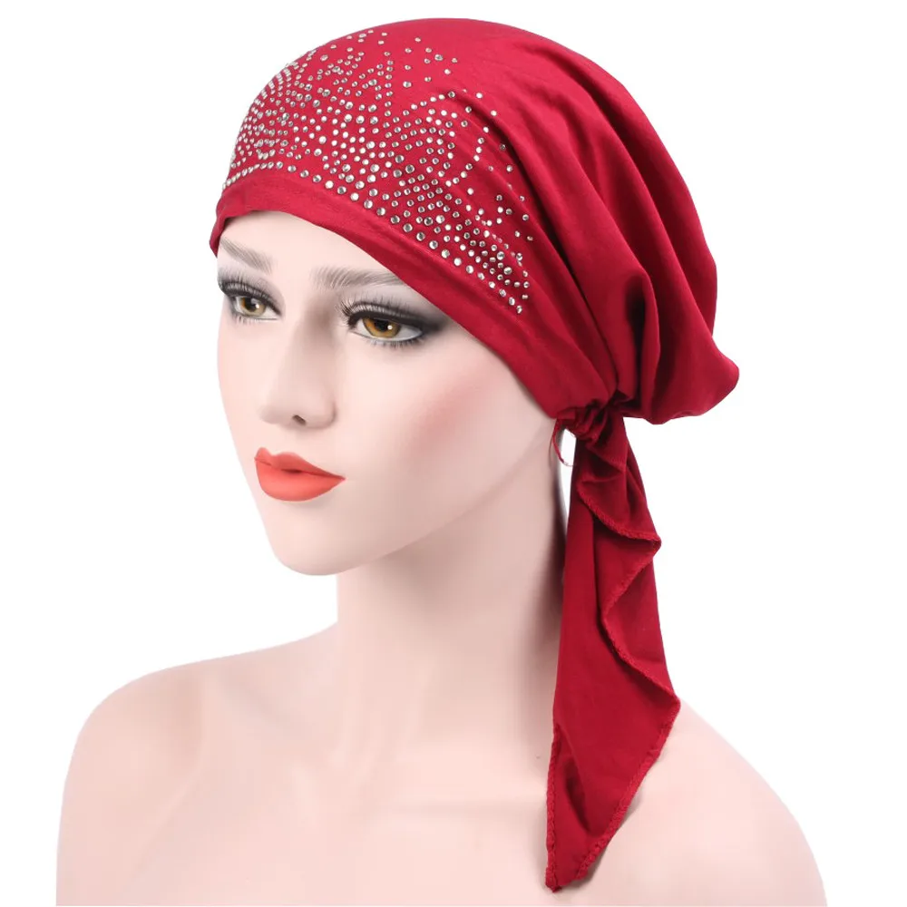 Шапки для девочек женские мусульманские рюшами Рак химиотерапия шляпа бини шарф Тюрбан головной убор Кепка с кристаллами женские шапки