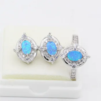 

GZJY Fashion Party Gifts Jewelry Set Blue Fire Opal White Gold Color Ring Earrings Set For Women