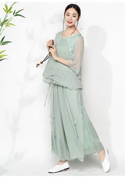 

2019 Summer Women Vintage Multi-Layer Chiffon Wide Leg Pant Sweet Loose Floral Embroidery Skirt Trousers