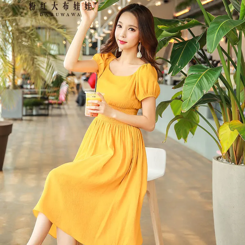 

Dabuwawa Women's New Summer Elegant Lantern Sleeve Elastic Waist Midi Dress D18BDR023