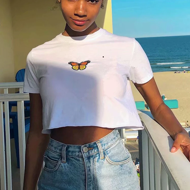

American and European Style Women O-neck Solid Front Butterfly Embroidery Short Sleeve Crop Top T-shirt Casual Loose Crop Tee