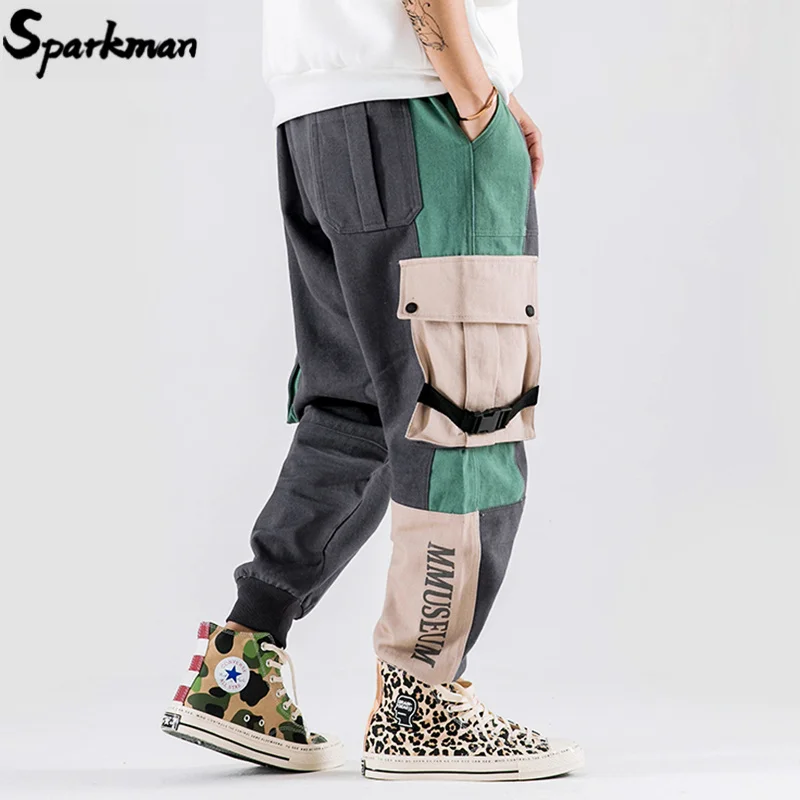 

Men Hip Hip Cargo Pants Streetwear Color Block Patchwork 2019 Harajuku Pant Jogger Side Pocket Ribbon Sweatpant Trousers Hipster