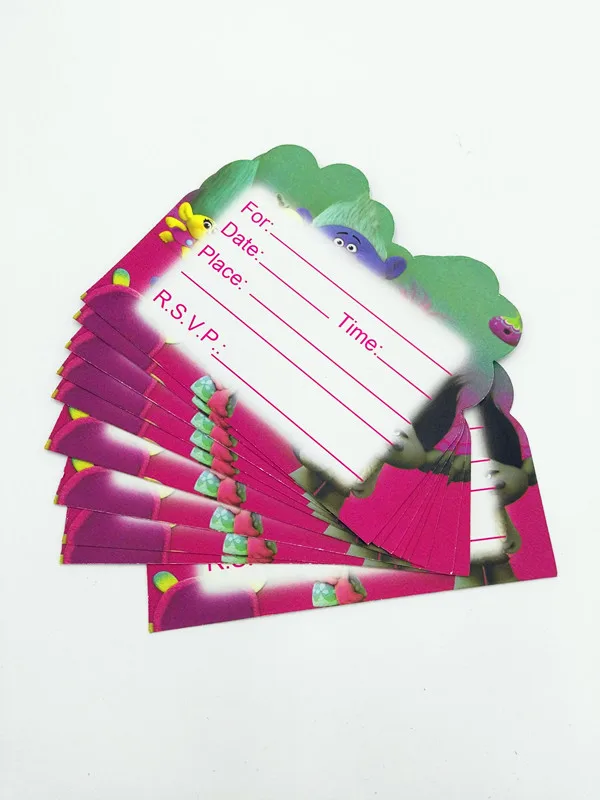 10 Pieces Lot Trolls Invitations Enfants Fete D Anniversaire Faveurs Trolls Cartes D Invitation Joyeux Anniversaire Fete Fournitures Aliexpress