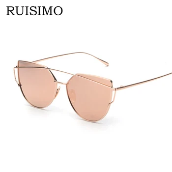 Pink vintage Mirror female Women Cat Eye Sunglasses Brand Designer Twin Beams ladies Sun glasses for