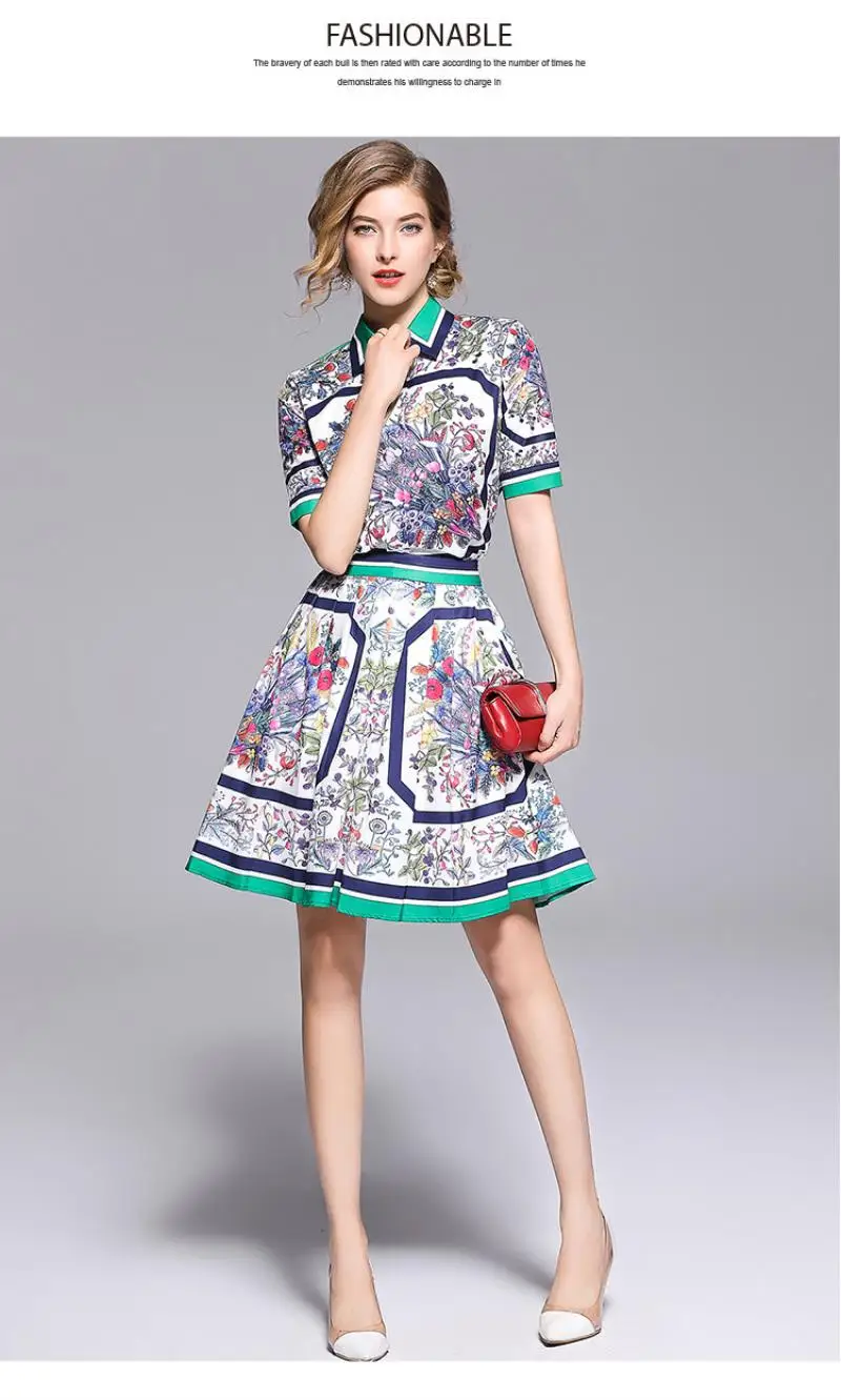 European women's wear 2018 The new summer With short sleeves lapel Stripe edge Floral print shirt + Pleated skirt  printing suit