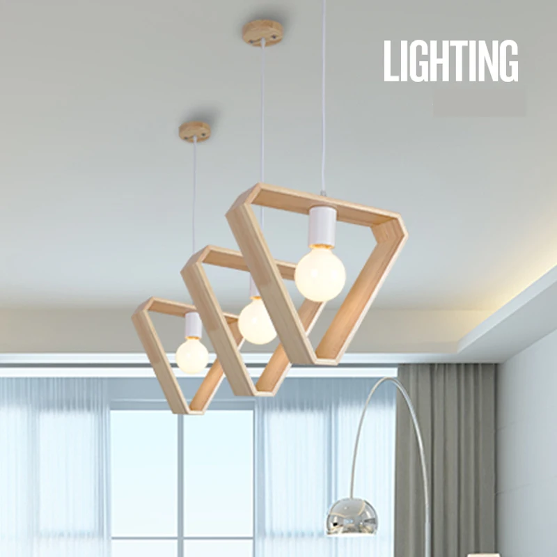 Nordic Wooden Pendant Lights Triangle Square Hexagon Geometry Drop Lighting Oak Wood Pendant Lamp Interior Design Home Lights (4)