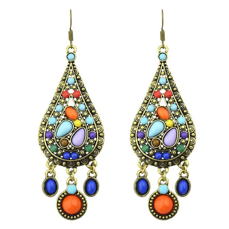 

Hot Sale Ethnic Style Vintage Bohemian Colorful Created Resin Long Drop Earrings New Hooks Brincos For Women