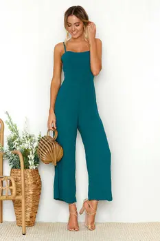 

2019 Women Strap Jumpsuits Blue Sleeveless Rompers Zipper Slim Suspenders Casual Sling Solid Color Skinny Playsuit Daily Wear