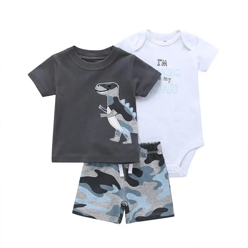 Комплект летней одежды с короткими рукавами для новорожденных мальчиков, комплект из 3 предметов: пальто с героями мультфильмов+ шорты+ боди, хлопковая одежда поло для малышей - Цвет: Белый