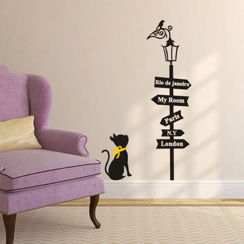 Креативный настенный светильник с милым котом и птицей, домашний декор, настенная наклейка с животными из мультфильма в стиле Парижа, Лондона