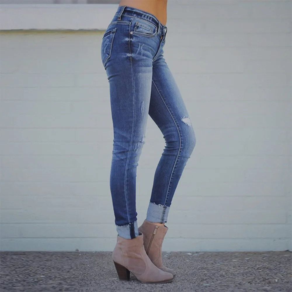 2019 Для женщин осень упругой плюс свободные отверстия Джинсовые Повседневное Маленькие ноги укороченные Jeans_3.15