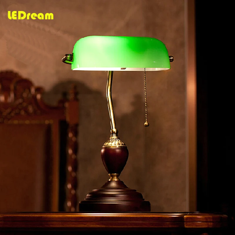 American vintage E27 wooden base study desk lamp green led table lamp