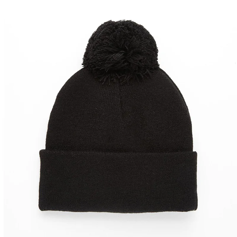 Черный Мужские и женские шерстяные шапки Skullies с большим мехом, пушистый помпон, зимние шапки для взрослых, шапки с помпоном, женские вязаные шапочки для девочек - Цвет: Черный