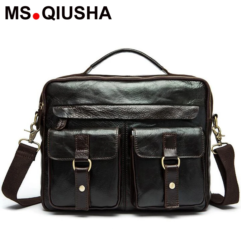 MS QIUSHA Genuine leather bag designer handbags high quality Cowhide tote briefcases famous brands men Crossbody