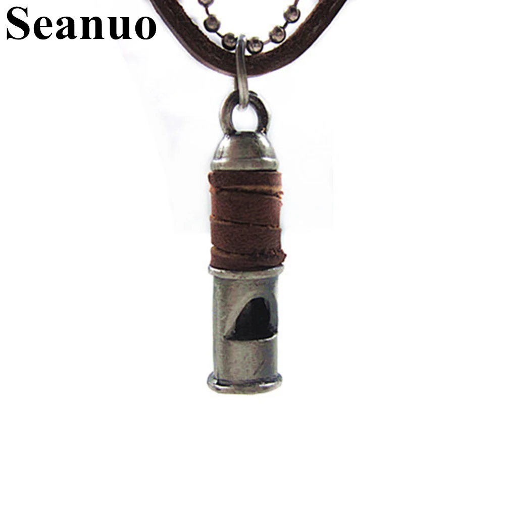 

Seanuo 100% genuine leather steel Speaker pendant necklace men luxury chunky statement long chain bead steel necklace women male