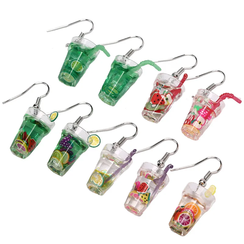 

Lovely Fruit Milk Tea Drink Charm Bottle Resin Drop Earrings Fashion Candy Color Yellow Lemon Cup Dangle Earring For Women Gift