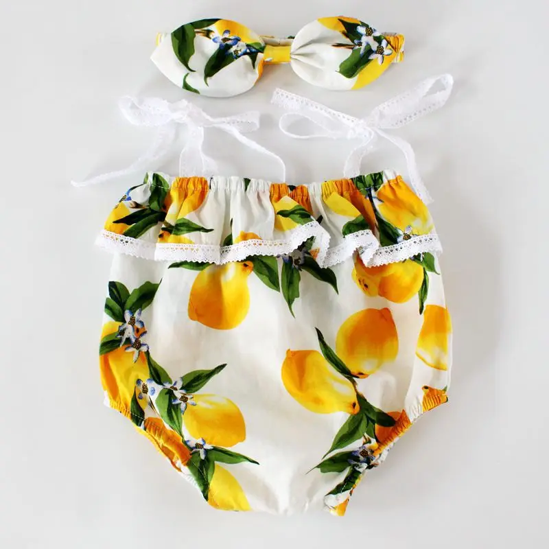 baby clothes sets girls lemon print romper +headband 2pcs summer lace