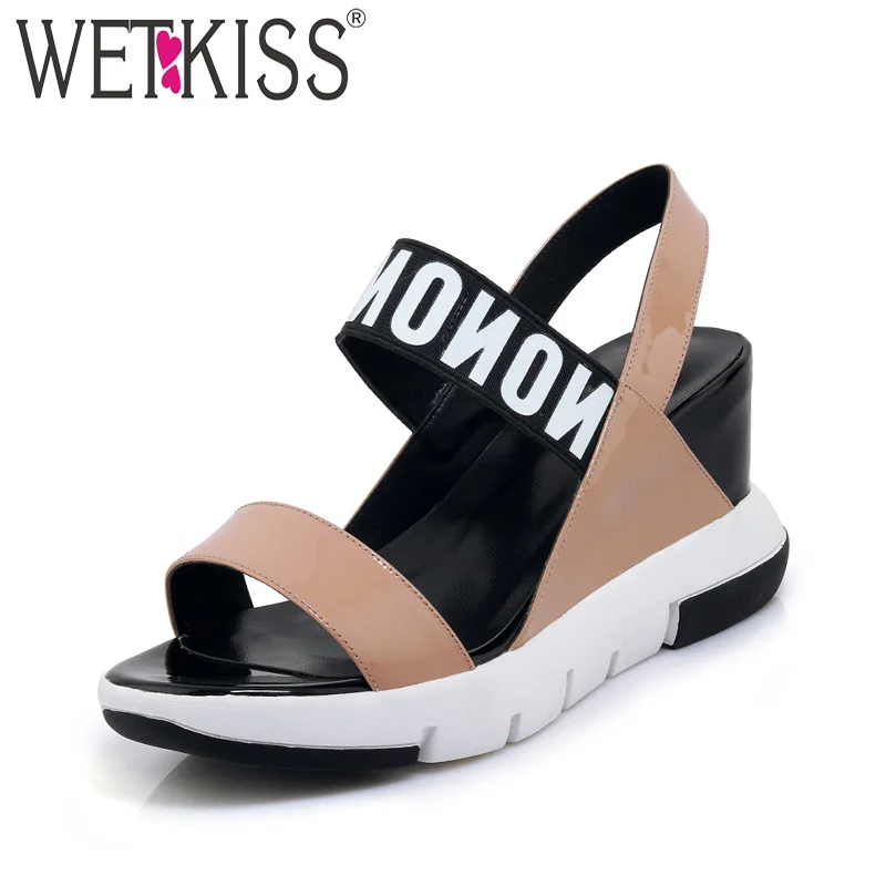 

WETKISS Summer Casual High Heeled Women Sandals Open Toe Patent Leather Wedges Footwear 2018 New Fashion Female Platform Shoes