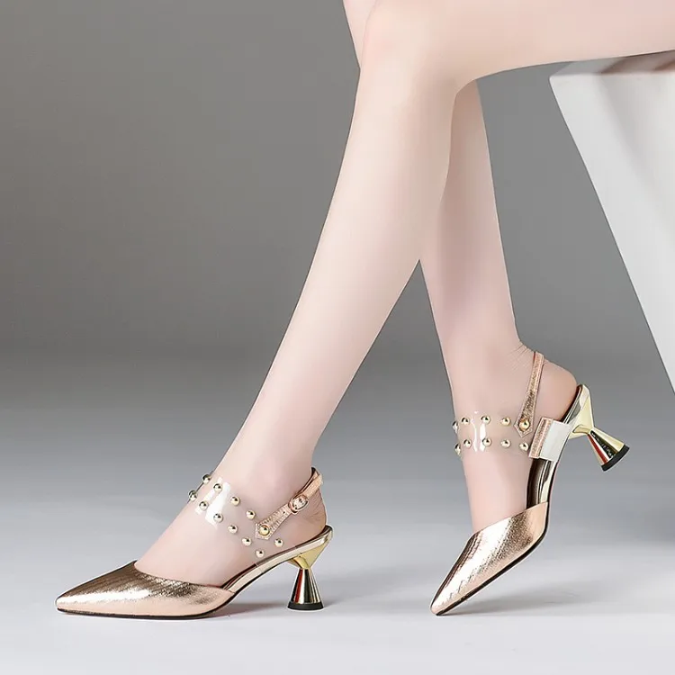 

Big Size 9 10 11 12 high heels sandals women shoes woman summer ladies Transparent rivet with buckle and thick heel sandals