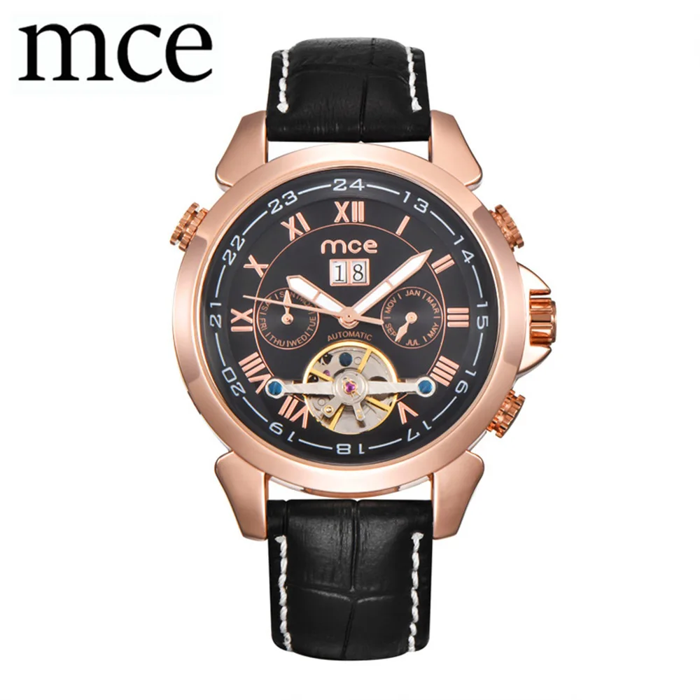 

Automatic Stainless Silver Steel Case Black Leather Strap Rose gold Dial Date Day Year Month Display Men Casual Mechanical Watch