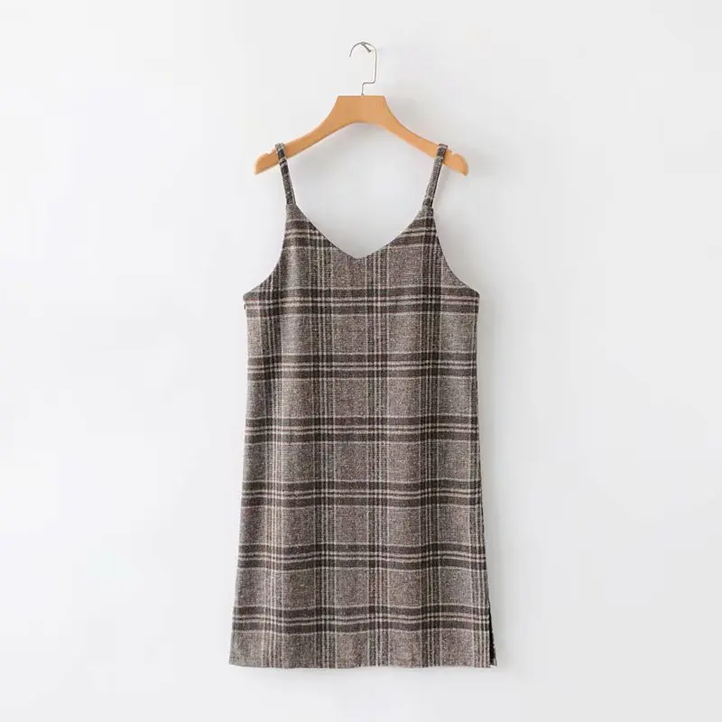 

Lady Gray Plaid Striped Nylon dresses Winter Sleeveless Backless Mini Strap Women Straight dresses Female vestidos#N596