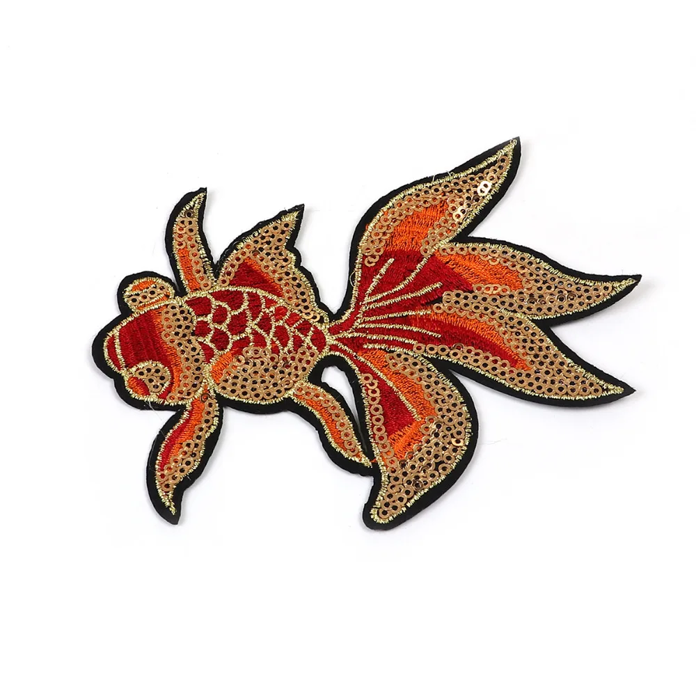 Chinese Style Goldfish Sequins Embroidery Patches Applique Iron On Fish