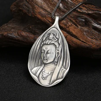 

925 Sterling Silver Jewelry Handmade Vintage Thai Silver Necklace Pendant A Fallen Leaf Guanyin Buddha Pendant With Peace