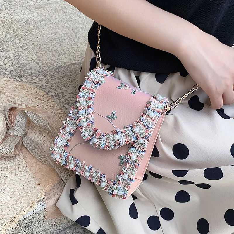 Yogodlns/женская сумка с кружевными цветами; Высококачественная квадратная сумка из искусственной кожи для милых девушек; сумка на плечо с цепочкой из жемчуга; мини-сумка-мессенджер