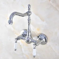 Polished Chrome Brass Wall Mount Kitchen Sink Faucet Swivel Spout Mixer Tap Dual Ceramics Handles Levers anf574
