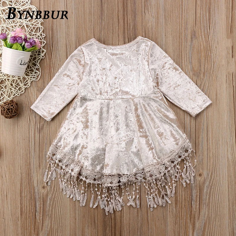 Bynbbur Tassels Lace Patchwork Velvet Solid Dress Girls Kid Party Dress Cute Baby Princess Elegant Dress 2019 Spring Summer New