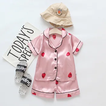 

Summer cool soft pink strawberry shorts baby girls kids pajamas 2 pieces