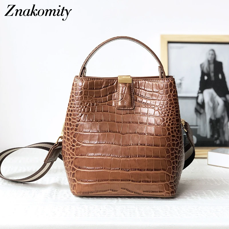 

Znakomity Women Genuine Leather Handbags Retro Solid Bucket Shoulder Bags for Ladies Large Alligator Pattern Crossbody Bags 2019